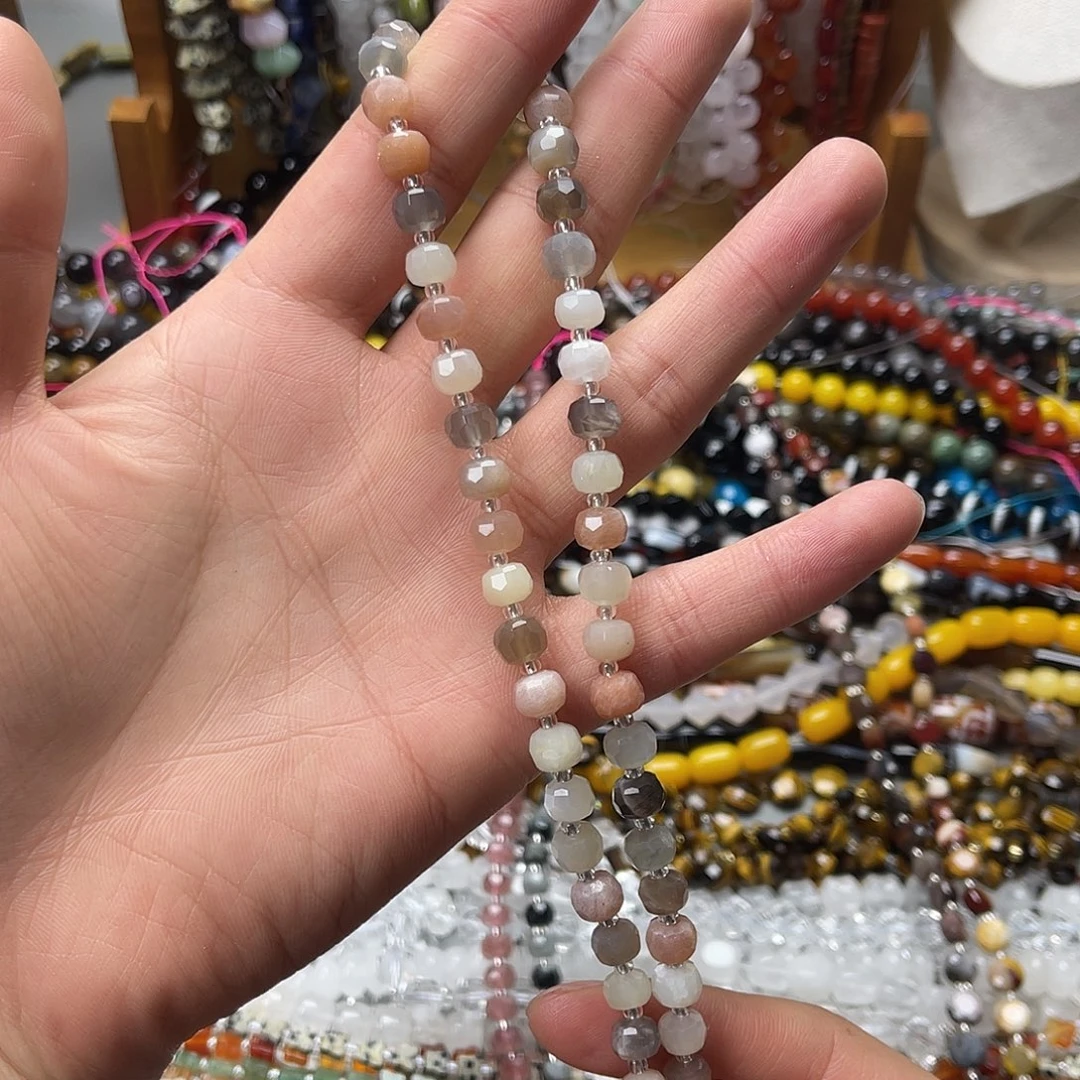 玛瑙/玉髓未镶嵌珠宝半成品卡7.5混色月光石切面车轮一条