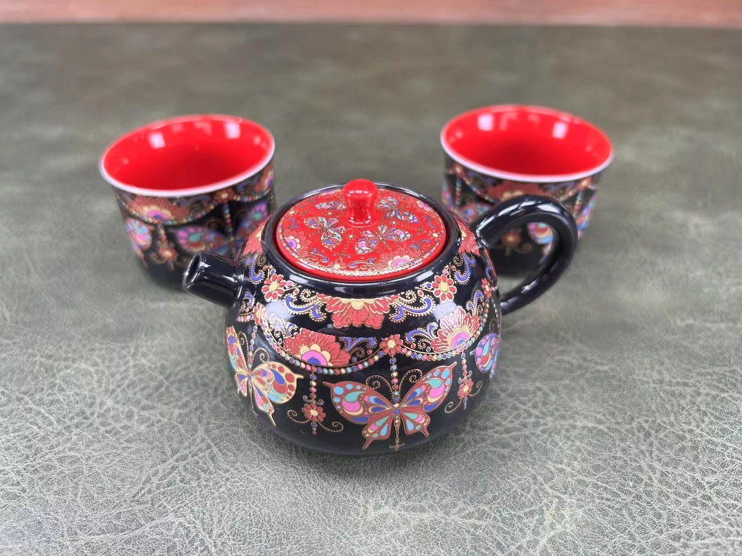 珐琅印黑帝珐琅德钟壶一壶两杯一茶盘H6666