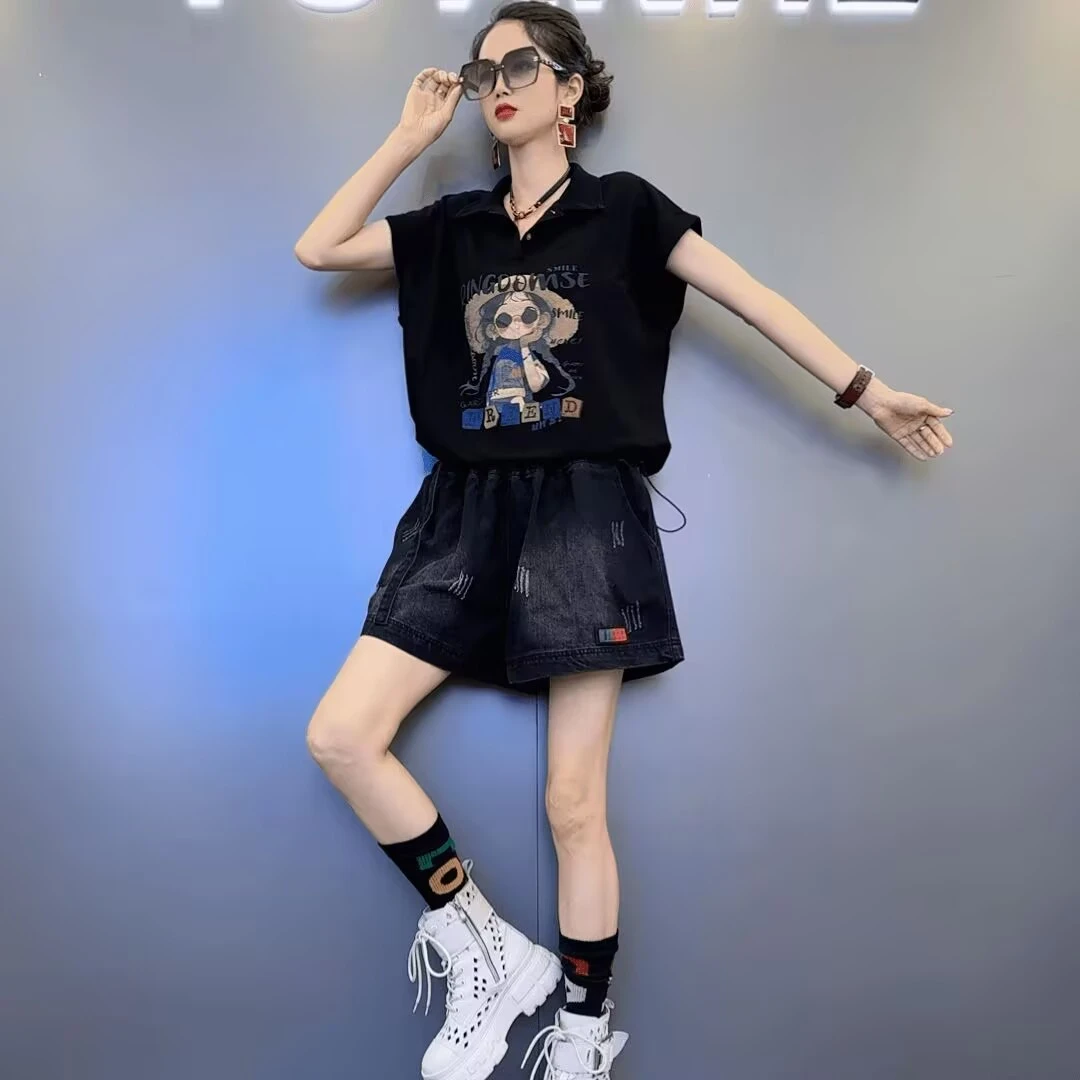 夏季女士棉T恤卡通印花翻领宽松短袖T恤-磨破设计款水洗牛仔短裤