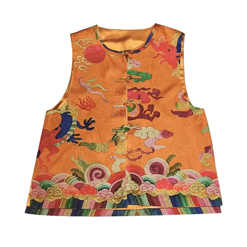 新中式马甲女新款重工印花高级缎面复古盘扣马夹气质国风坎肩外搭