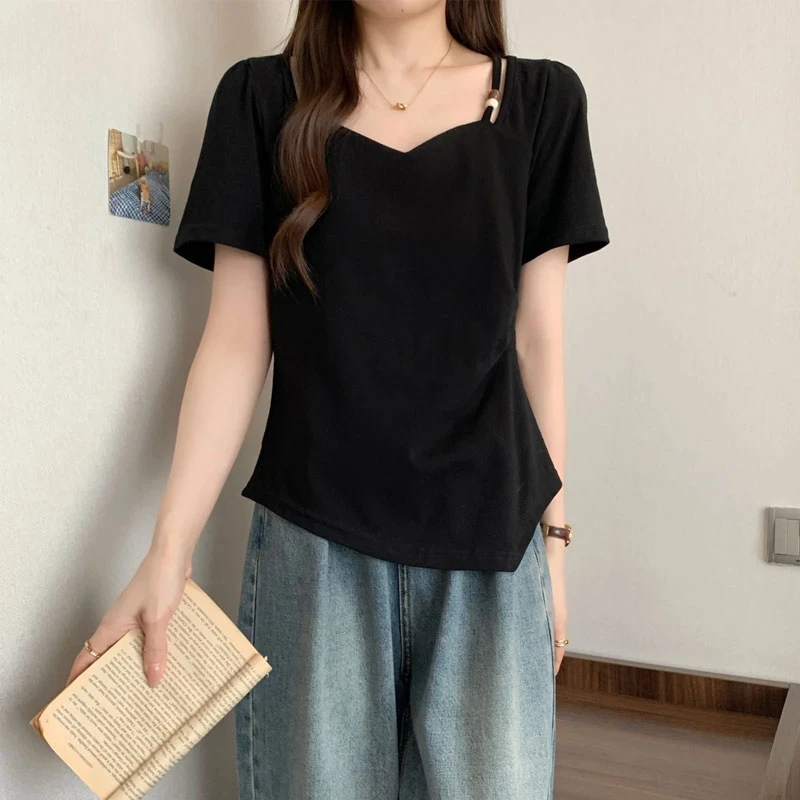 【6740】夏季新款韩系正肩短袖T恤大码设计感独特漂亮显瘦上衣女