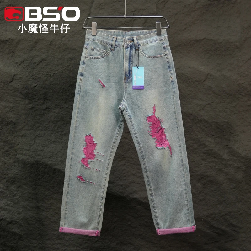 小魔怪2025秋季新款破洞牛仔裤男潮牌宽松直筒美式高街休闲长裤子