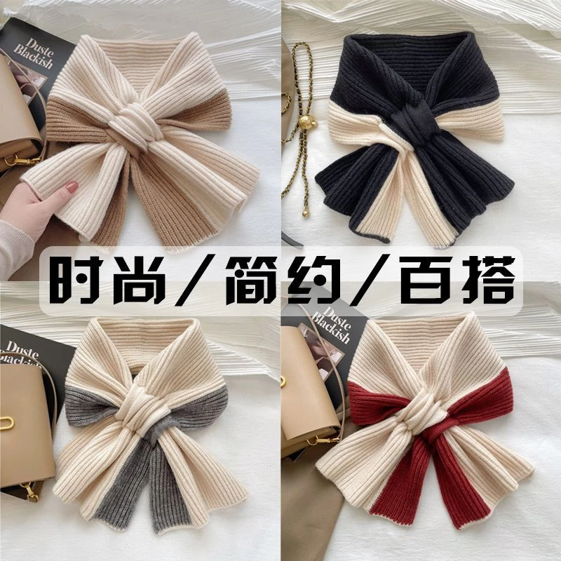 新款小围巾冬季保暖拼色针织交叉毛线百搭时尚可爱少女网红围脖