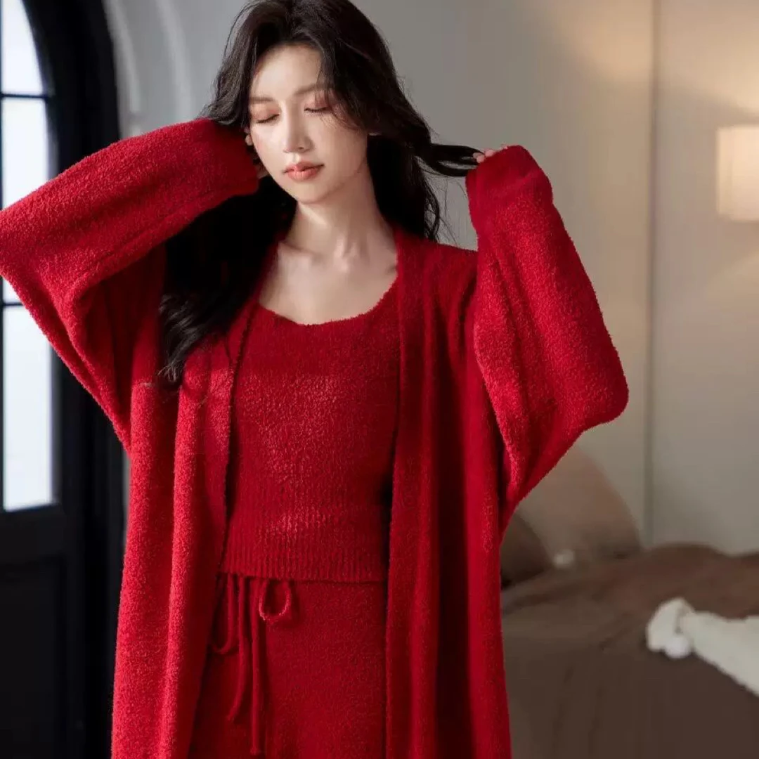 半边绒长袖家居服三件套加绒加厚保暖开衫外穿套装蕾丝小香风显瘦