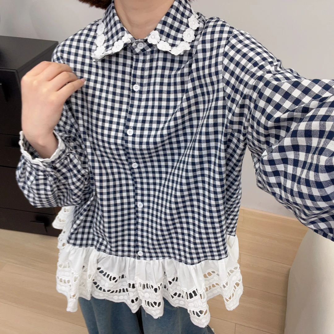 韩系拼接娃娃领蕾丝花边减龄衬衫