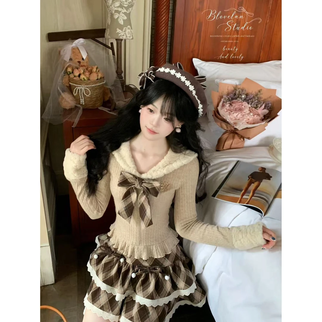 运补 6~8 摩卡甜心 美拉德学院风海军领蝴蝶结收腰针织半裙套装