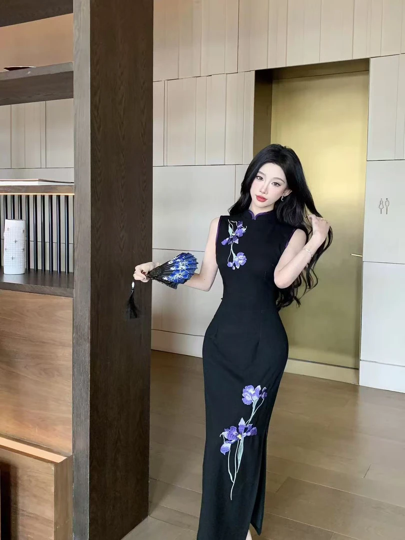 新款国风气质港工黑色刺绣无袖旗袍日常显瘦