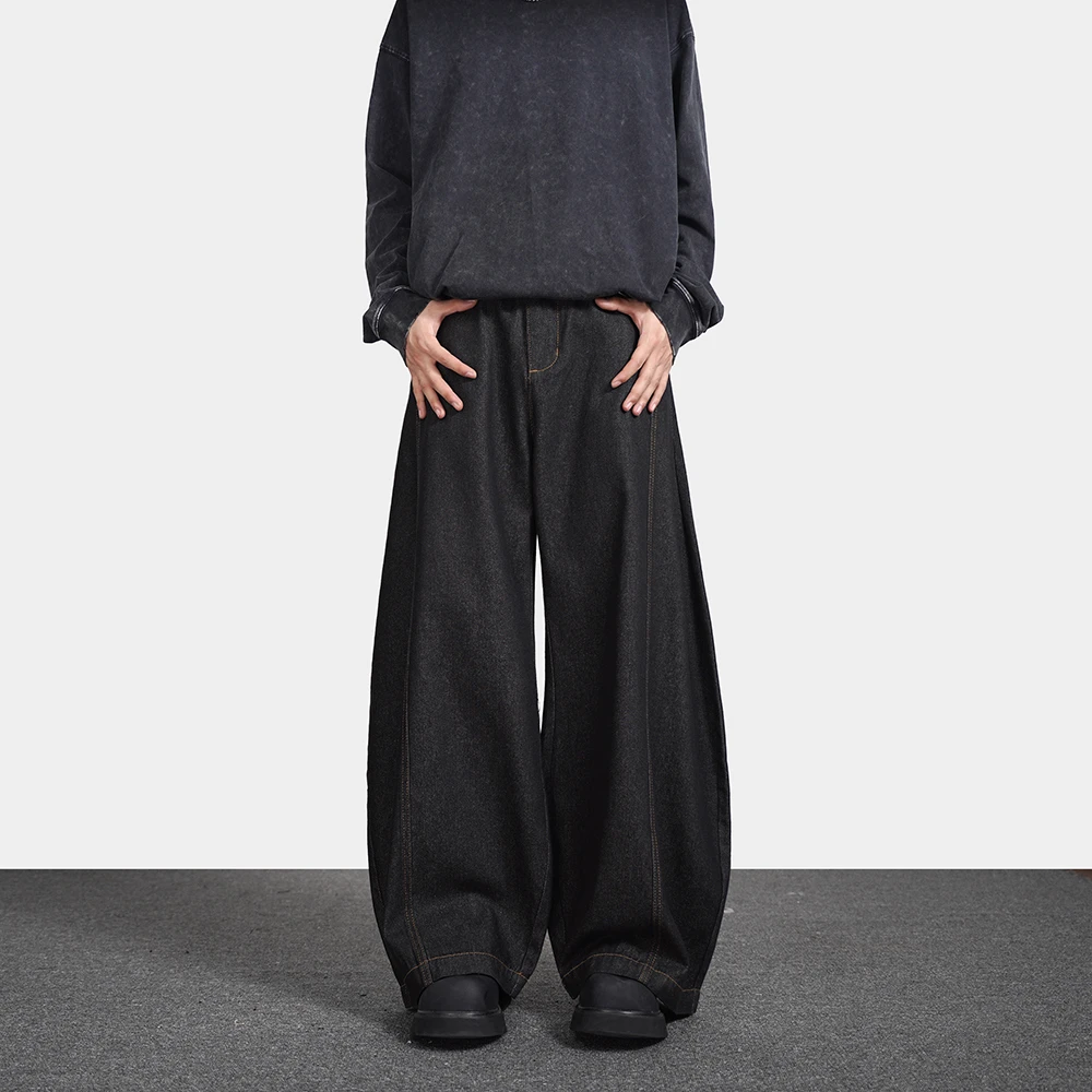 美式潮牌复古阔腿弯刀牛仔裤男女宽松潮流个性丹宁蓝裤子香蕉裤