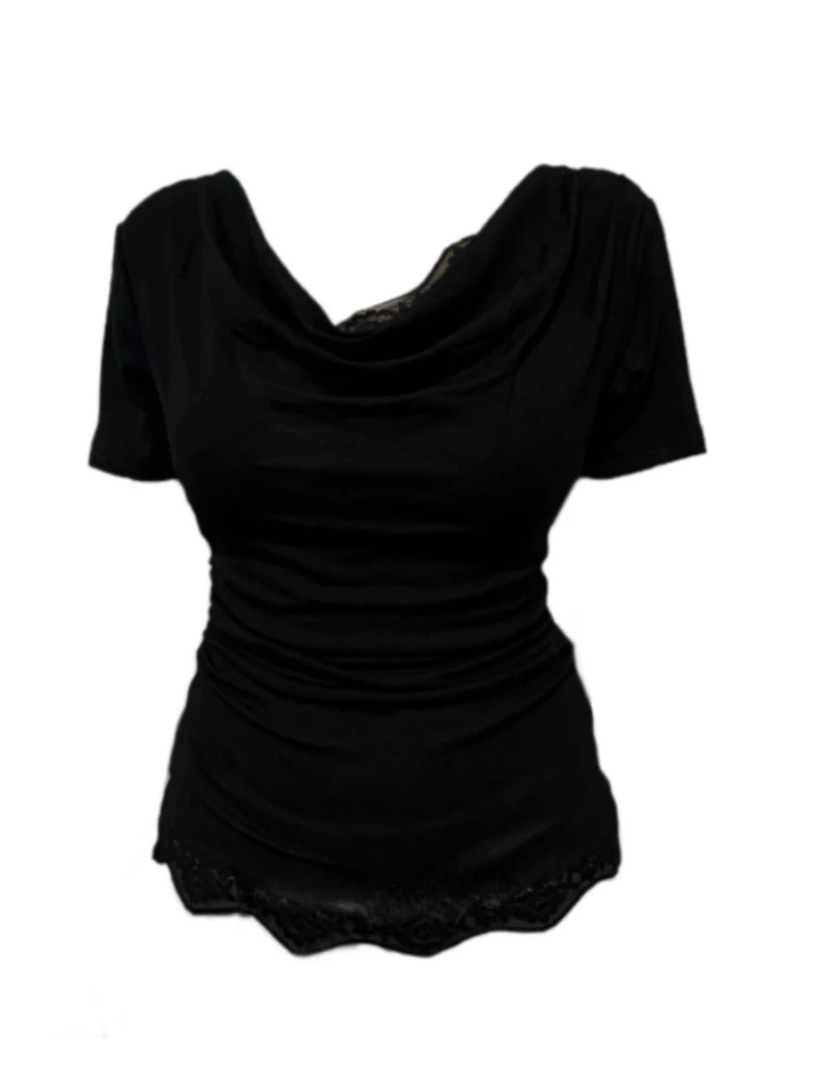 【Amy家】微胖mm纯欲性感蕾丝拼接短袖T恤女夏季巨显瘦遮肉荡领上衣