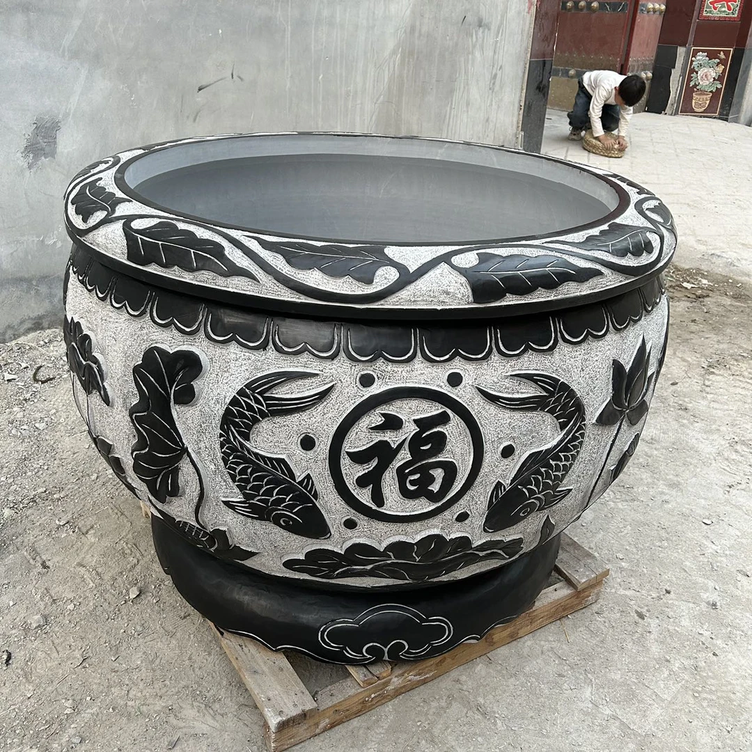 石雕鱼缸圆形莲花盆养鱼池仿古石盆庭院青石荷花缸户外装饰莲花缸