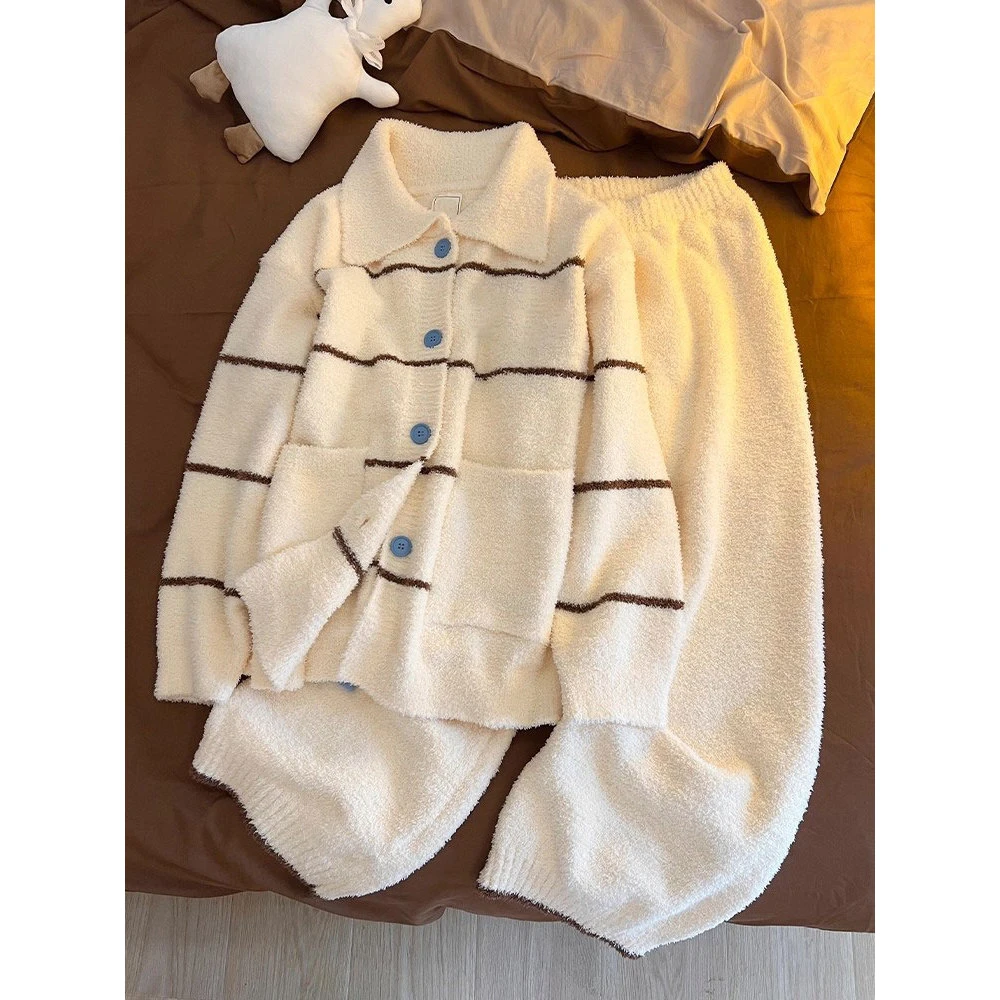 韩系可爱酷猫慵懒风针织半边绒睡衣女冬季套装保暖家居服可外穿