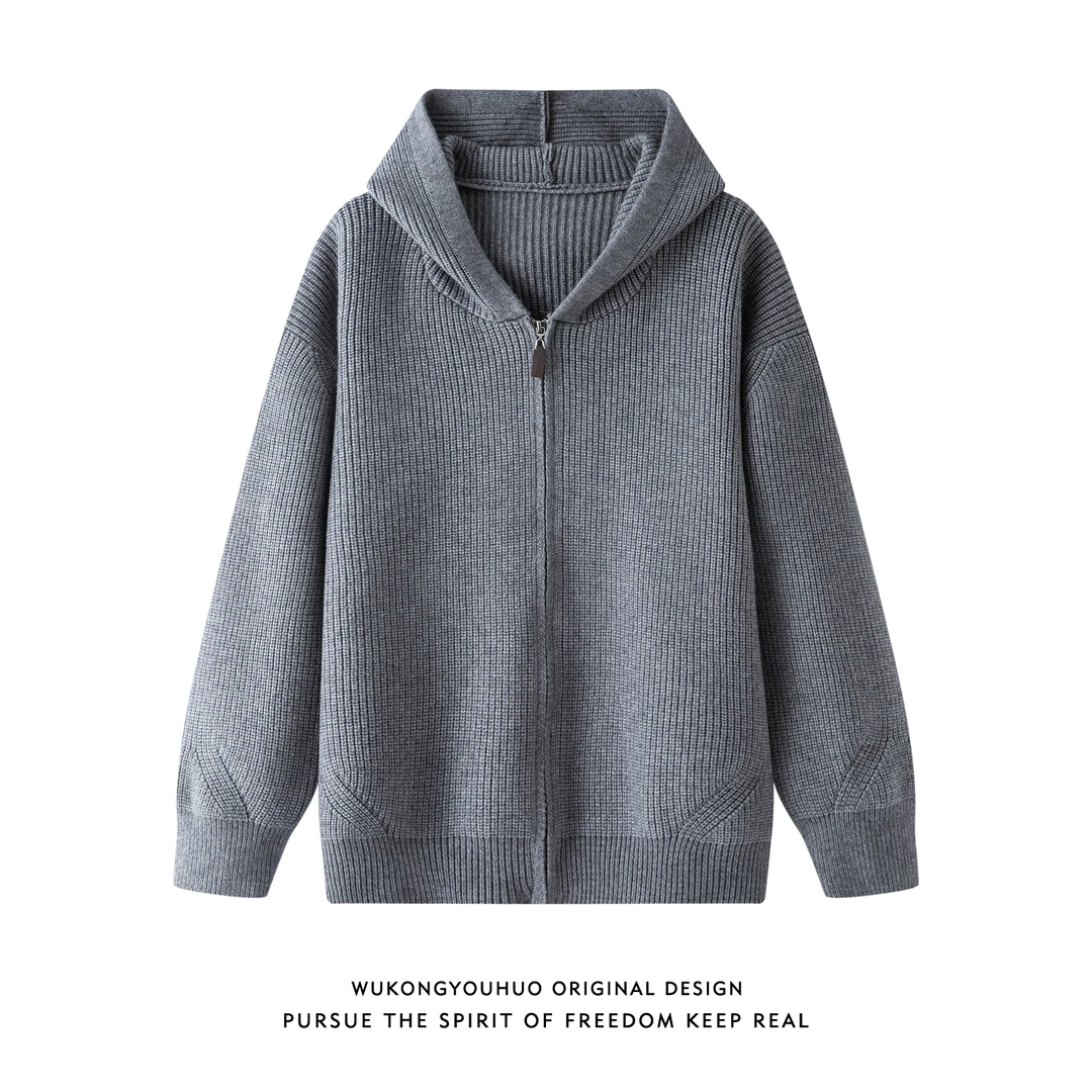 悟空有货复古潮牌纯色开衫连帽针织衫男秋季情侣慵懒百搭毛衣外套