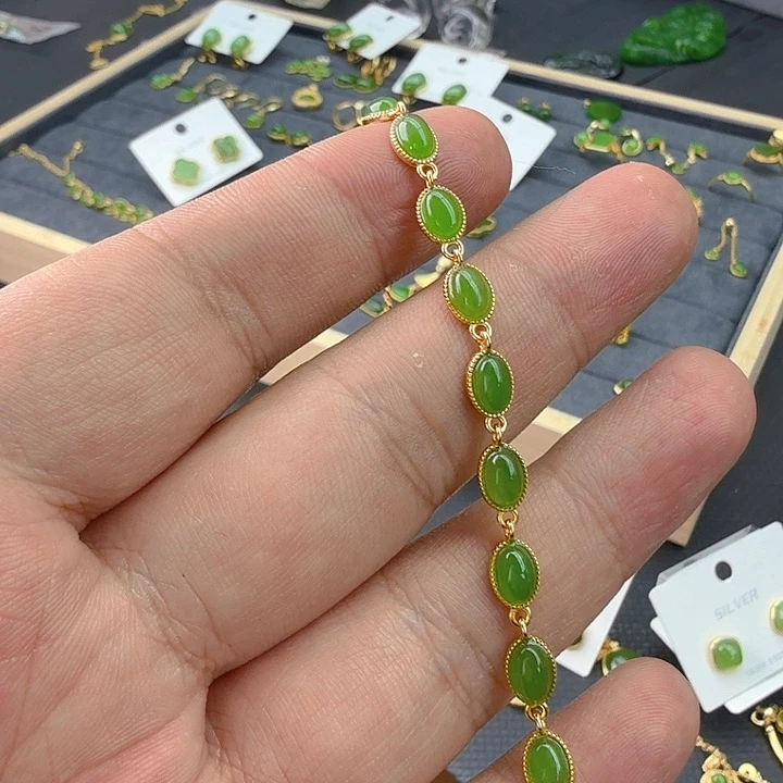 和田玉（碧玉）手链银S925镀金镶嵌