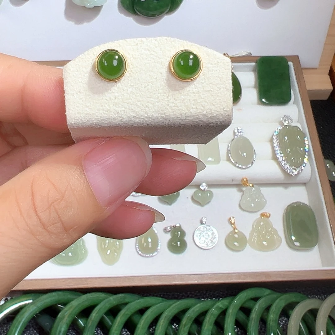 银S925镀金镶嵌和田玉（碧玉）耳饰