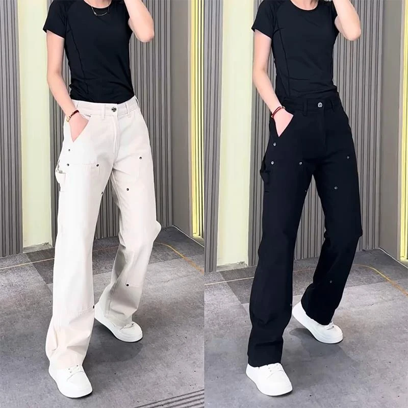 春秋新款显瘦宽松工装牛仔裤时尚高街潮流净版休闲裤弹力直筒长裤