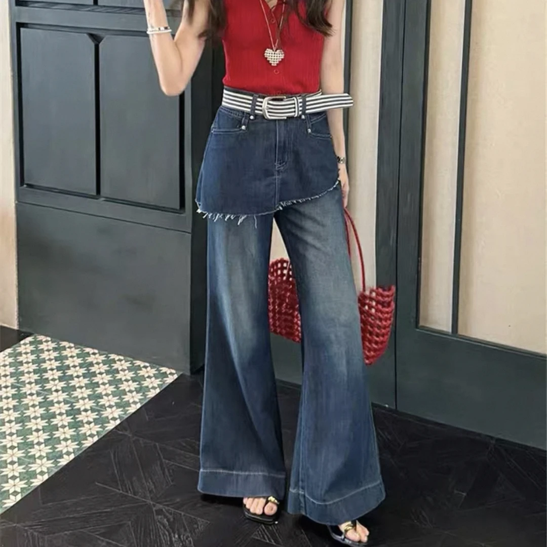 【海南简爱】假两件高腰微喇牛仔裤不贴身显瘦1049