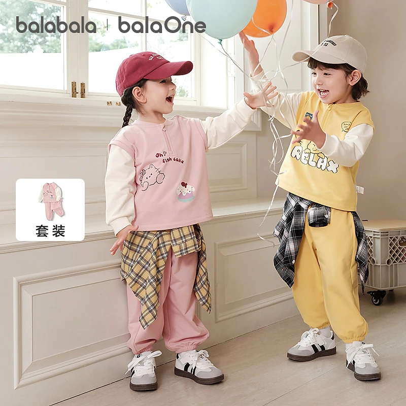 【balaOne】巴拉巴拉男宝宝儿童长袖2件女童2025新款秋装假两件套装