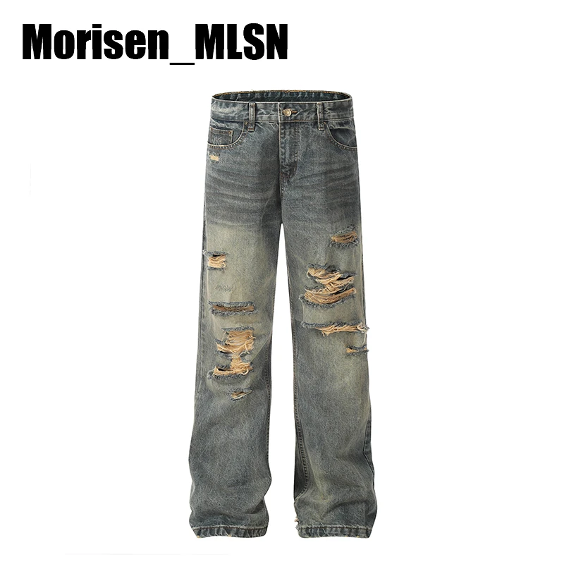 MorisenMLSN美式复古水洗做旧破洞牛仔裤男女宽松直筒阔腿长裤