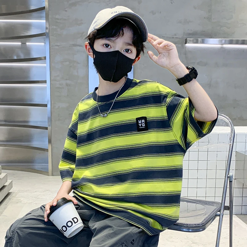 男童短袖T恤夏装2025新款大童夏季纯棉男孩薄款儿童条纹体恤上衣t