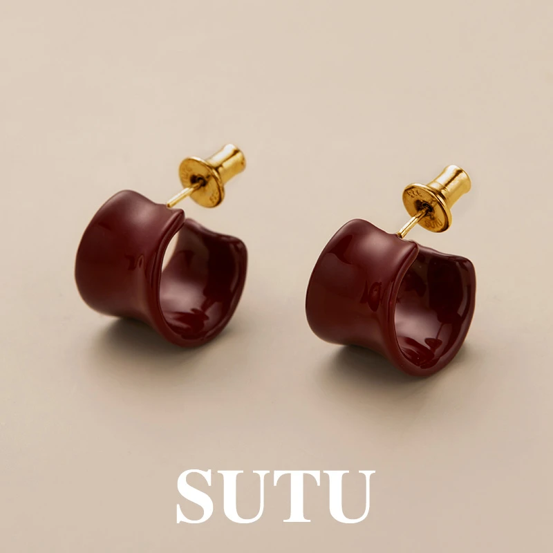 925银耳饰 红色珐琅耳钉轻奢高级感气质小众简约法式复古秋冬耳环