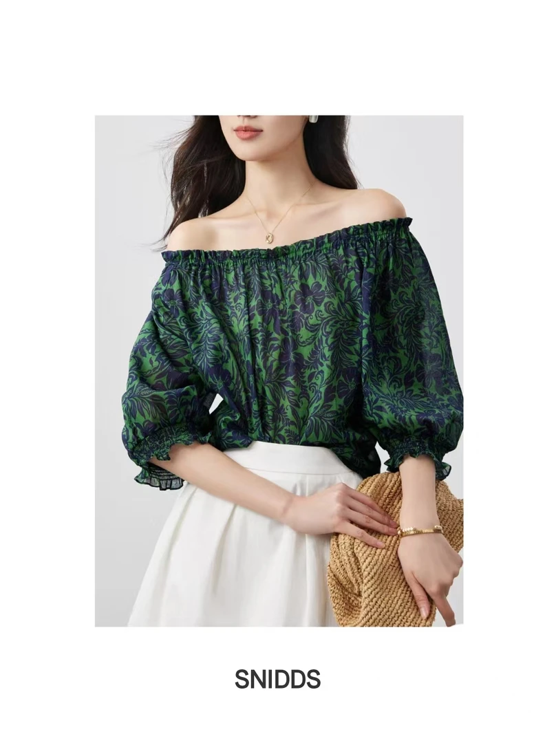 6/24 女士夏季  棉质一字领绿底蓝花亲肤衬衫