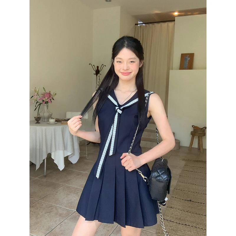 宋正恩藏蓝色海军领无袖连衣裙女夏季新款收腰气质设计感a字短裙