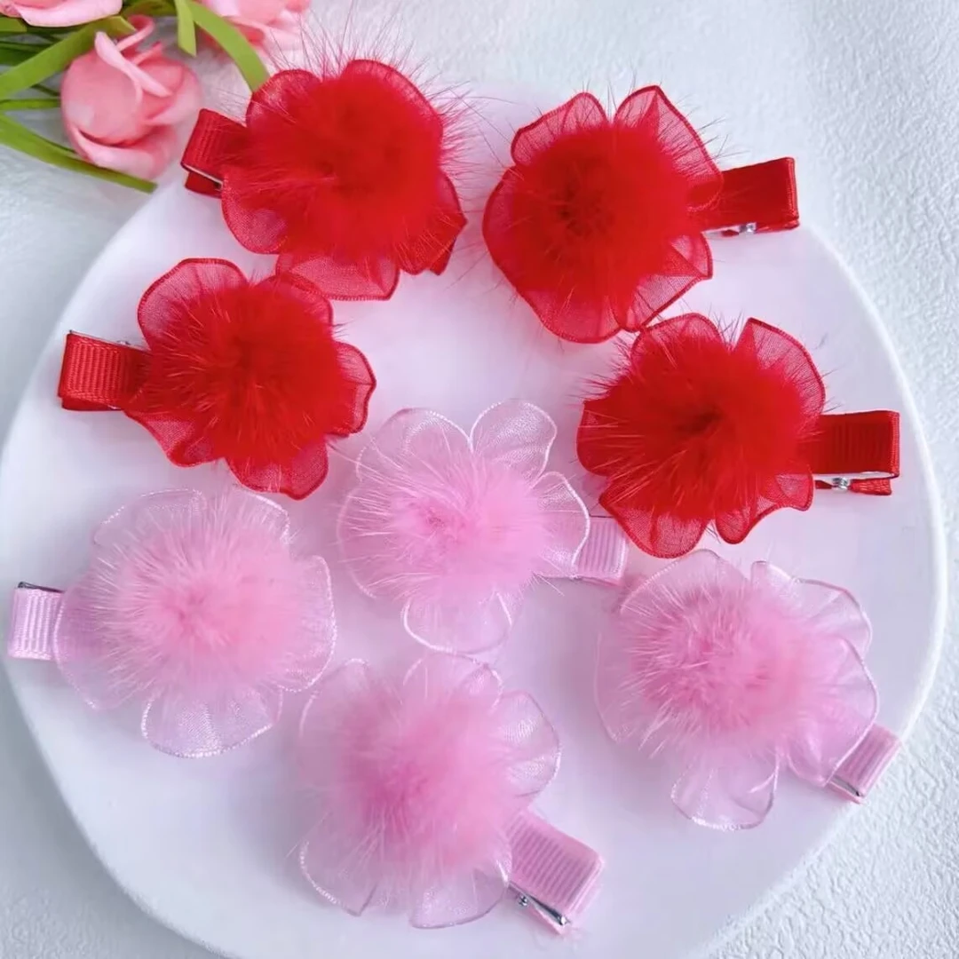 过年喜庆女童发夹宝宝红色头饰毛毛球发卡防滑鸭嘴夹中国风水貂毛