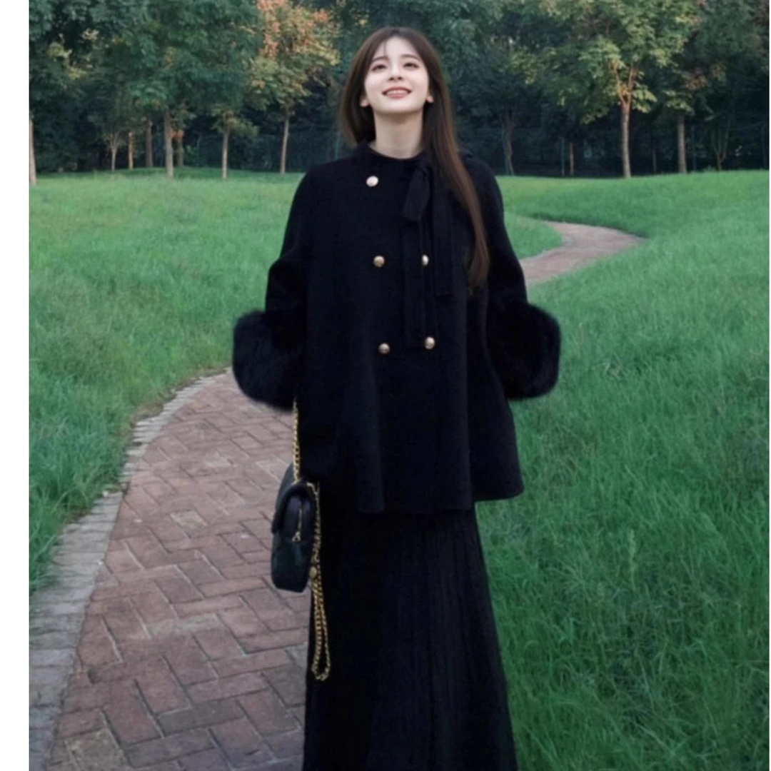 冬搭配整套圆领双排扣蝴蝶结中长款黑色外套高腰半身裙两件套3761