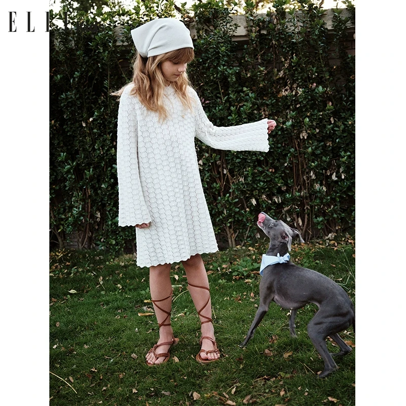 ELLE KIDS法式冰丝针织白色连衣裙女童春季新款休闲度假裙子S2