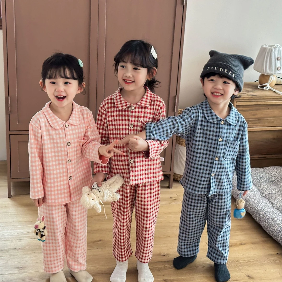2025秋冬儿童抗菌睡衣套装女童简约格子家居服男童翻领开衫两件套