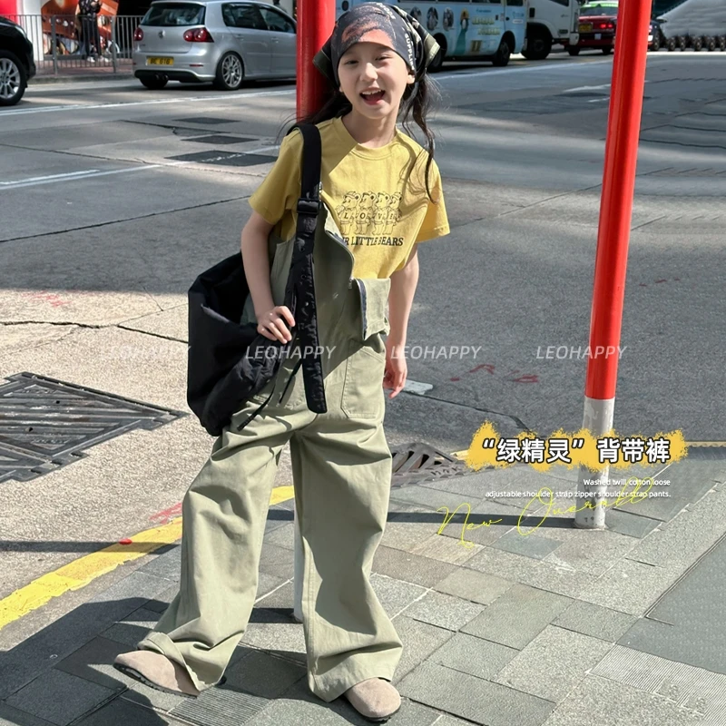 【绿精灵】洗水斜纹棉宽松调节背带拉链背带裤