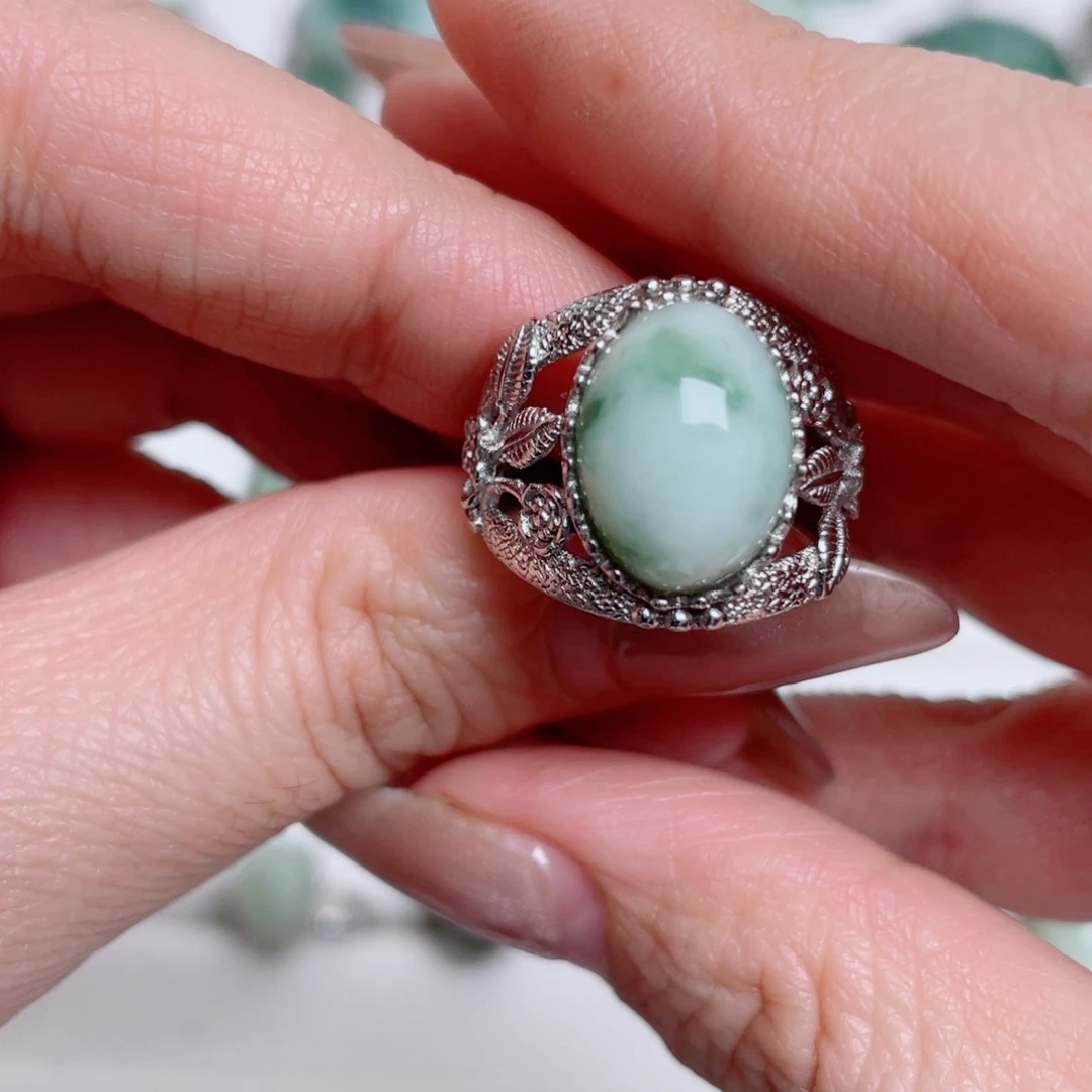 透闪石-蛇纹石玉银S925镶嵌戒指