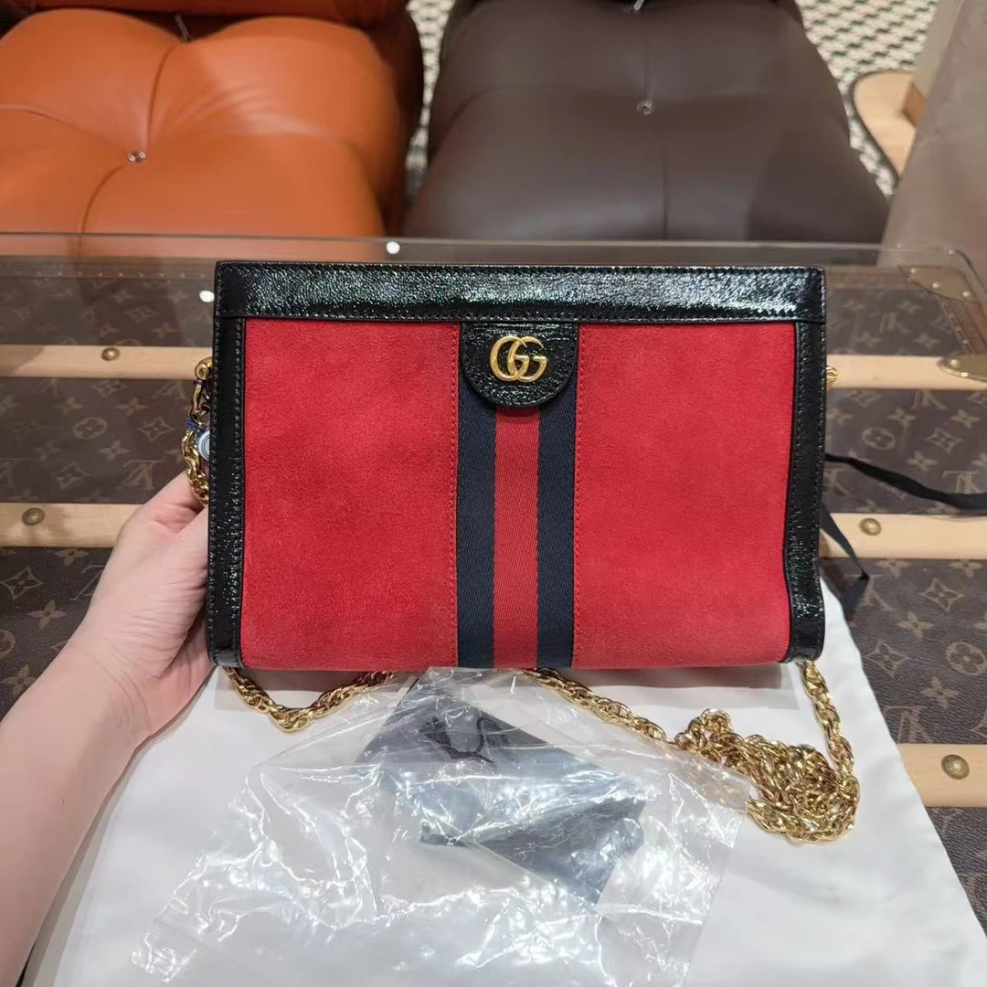 95新 GUCCI/古驰 11/Ophidia小号红拼色麂皮链条包