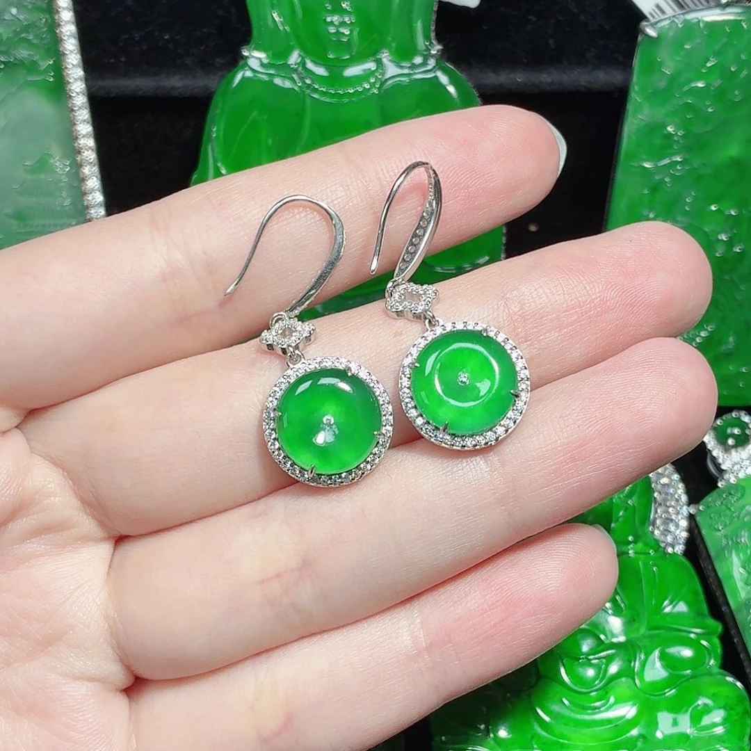 翡翠银S925镶嵌耳饰天然A货翡翠