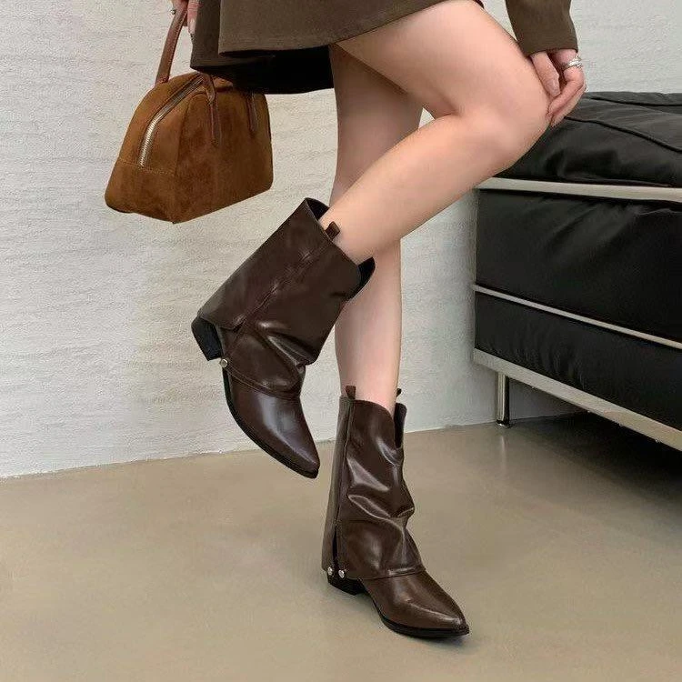 【运费保障】粗跟尖头裤管靴女秋新款单靴西部牛仔短靴褶皱显瘦瘦靴