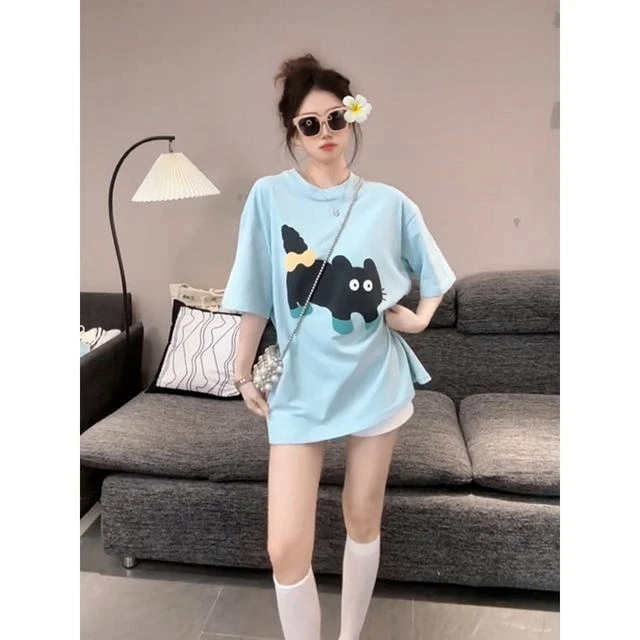 小众设计感猫咪印花正肩T恤女法式时髦减龄夏季宽松洋气显瘦上衣