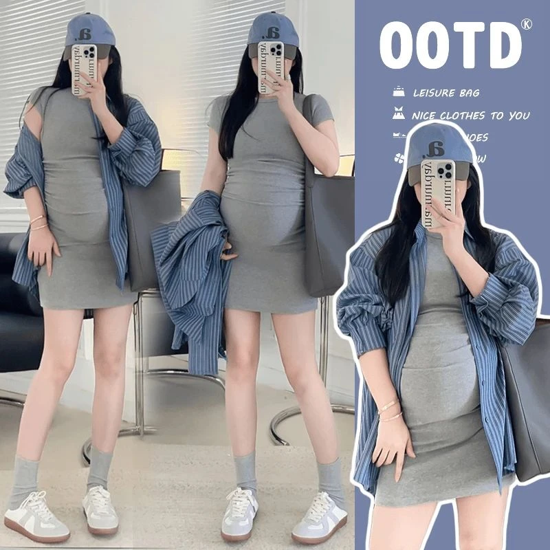 时髦孕妇装时尚小个子夏天辣妹褶皱紧身短袖显瘦洋气网红款连衣裙