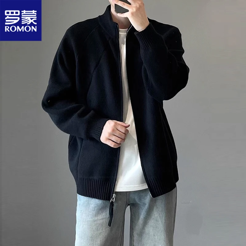 罗蒙黑色针织时尚开衫外套男款春秋高级感慵懒风韩系立领拉链毛衣