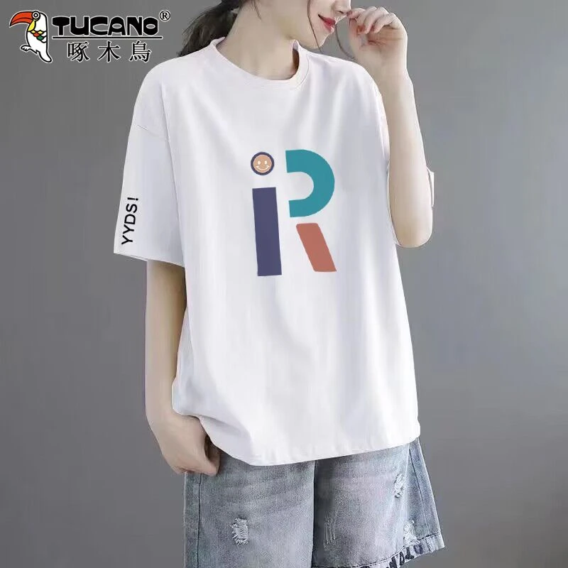 啄木鸟正品夏季薄款圆领半袖t恤女装2025年新款洋气宽松显瘦上衣