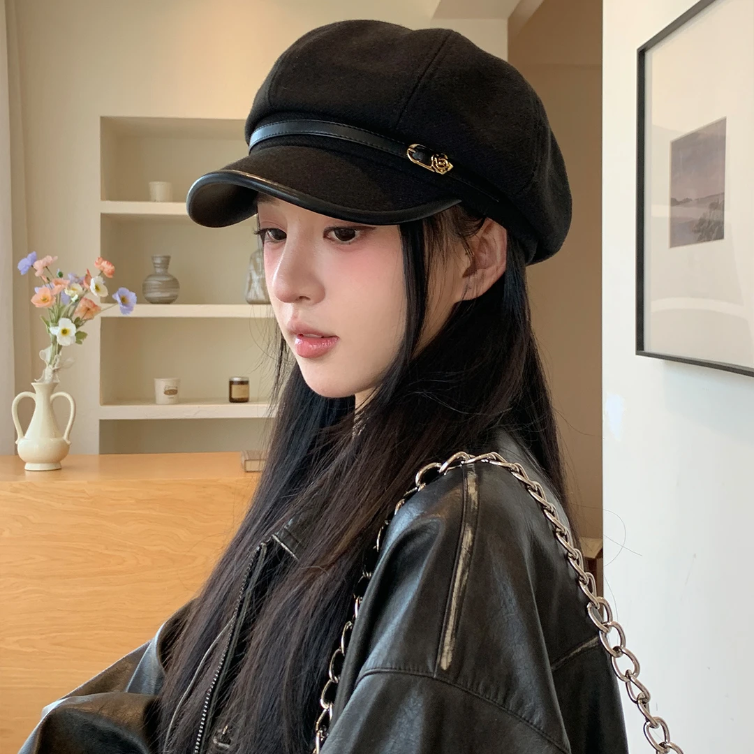 日系复古文艺风黑色鸭舌贝雷帽女休闲百搭气质显脸小八角云朵帽子