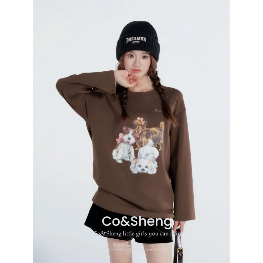 co&sheng重生150小个子春季新款时髦保暖宽松小狗印花长袖打底