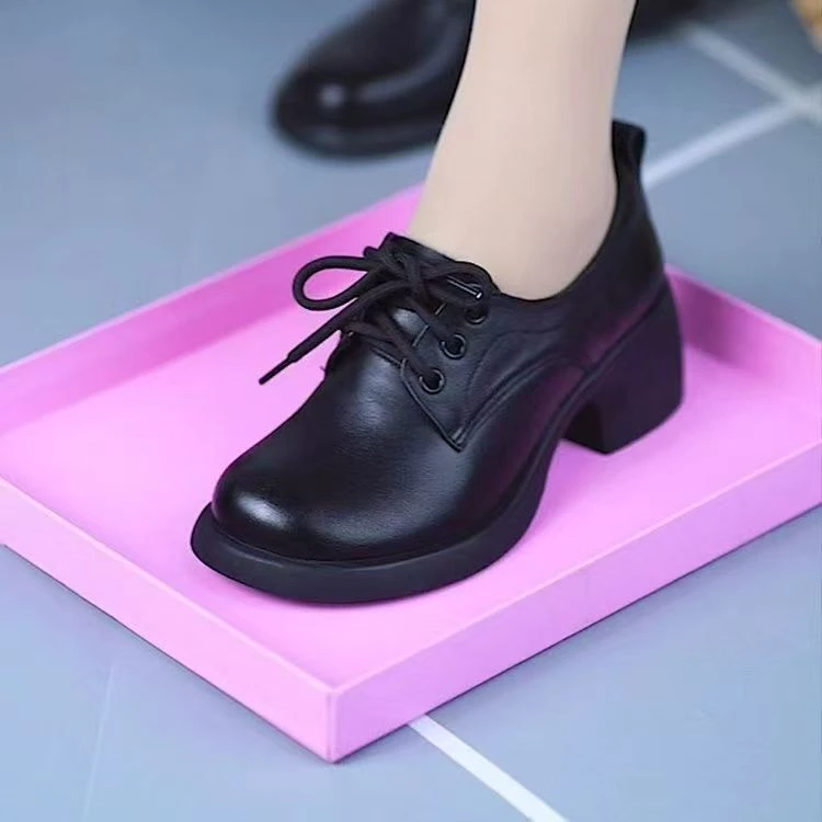 软底深口妈妈鞋时尚妈妈单鞋女鞋单鞋黑色休闲粗跟休闲风耐磨圆头