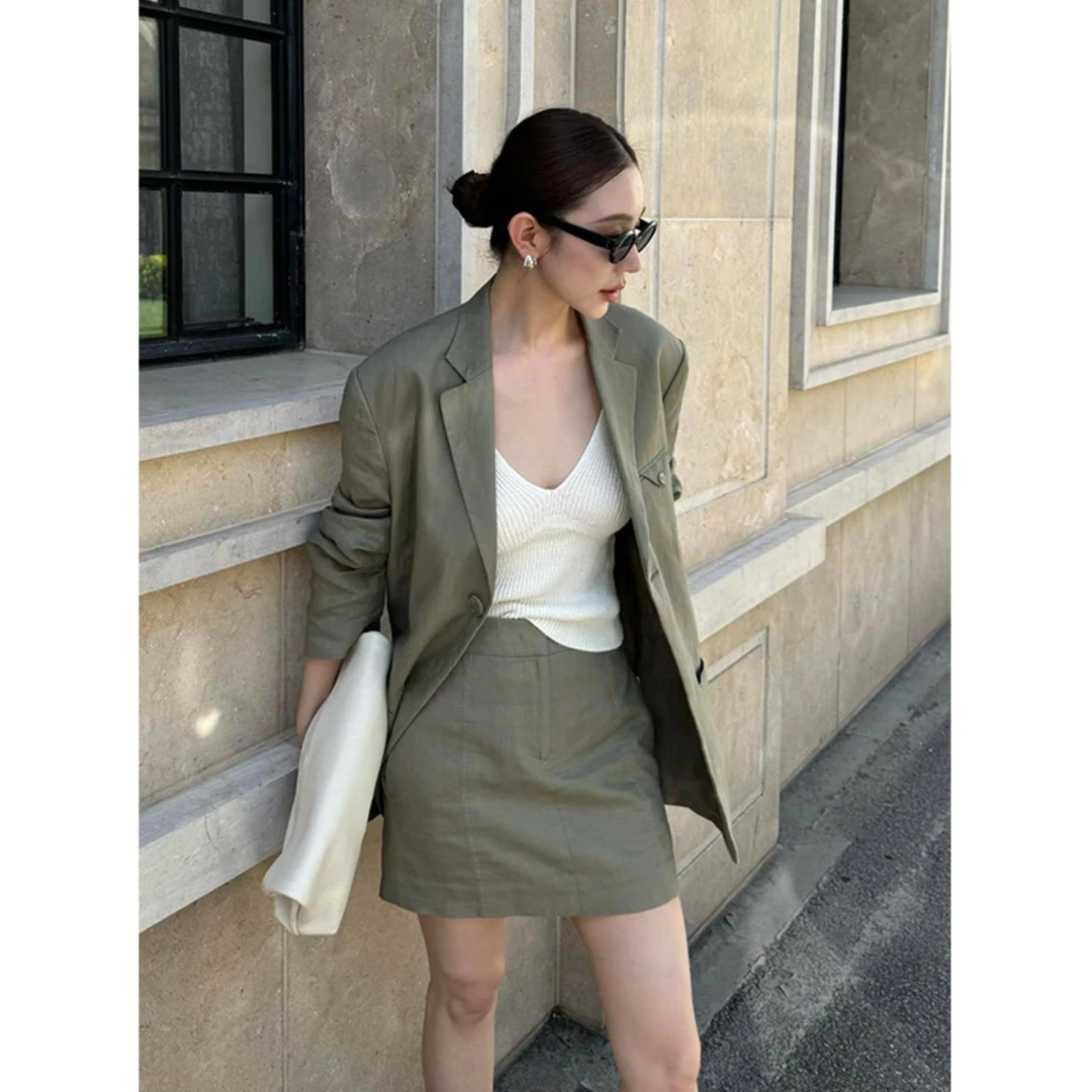 重要场合绝美小香风通勤休闲绿色棉麻西装外套套装裙女装2025春季