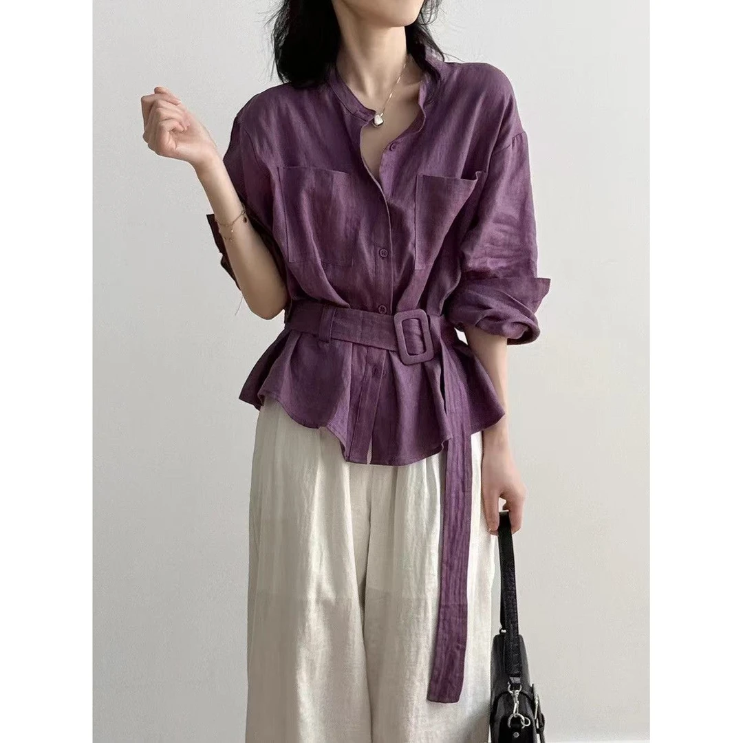 实物太美！不能错过！欧货长袖衬衫女新款高端气质系带收腰名媛上衣