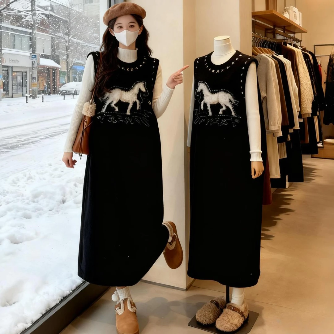 秋冬2025新款大码女装微胖显瘦遮肚子高级感两件套长款针织连衣裙