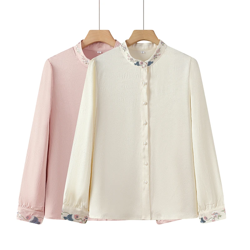 爆款圆领春秋衬衣女士立领秋季荷叶边通勤衬衫条纹外套MTF2509