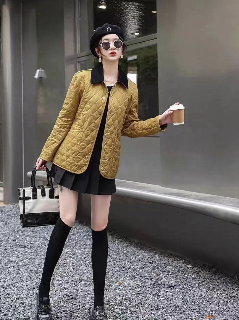 2025冬季新款菱形格纹翻领灯芯绒棉服休闲外套显瘦短款时尚百搭