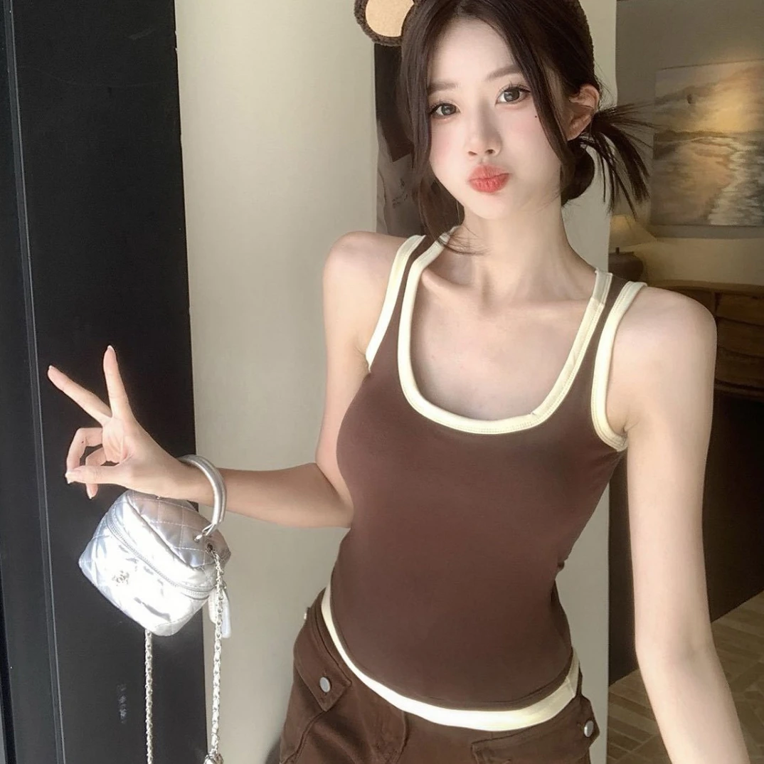撞色宽肩后背镂空带胸垫吊带背心女修身辣妹上衣