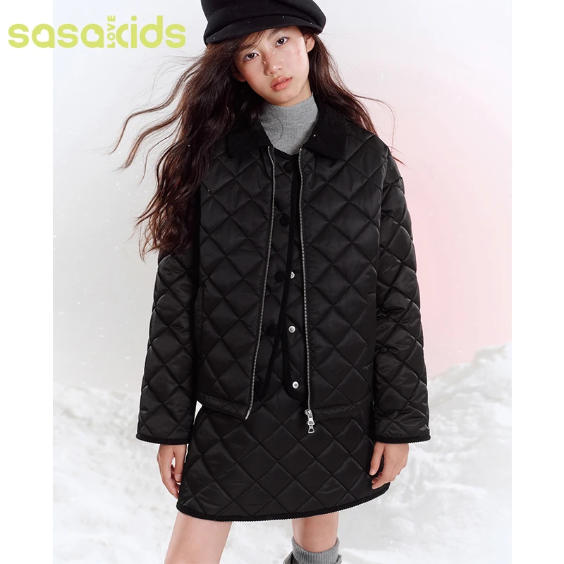sasakids秋冬季巴恩风复古缎面翻领绗棉加厚外套休闲慵懒上衣