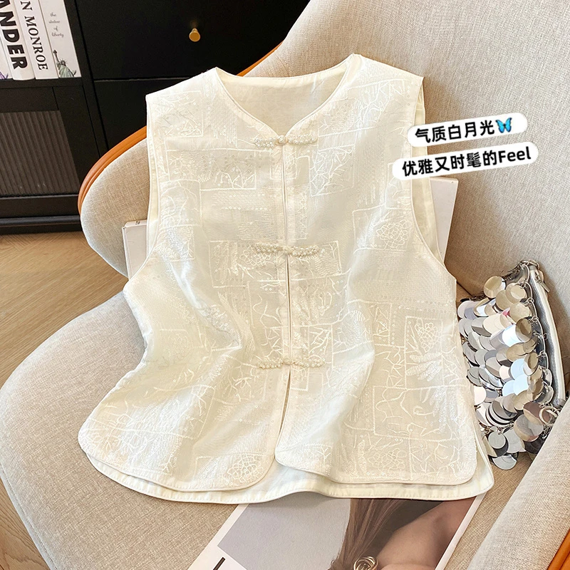 新中式提花无袖马甲薄款唐装国风马夹背心重工刺绣盘扣坎肩女夏季